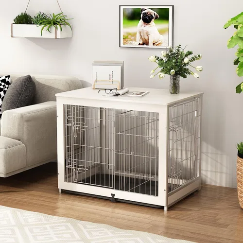 Vista 2 de Piskyet Muebles de madera para perros con panel divisor, mesa auxiliar de jaula para perros con bandeja deslizante fijable, puertas dobles