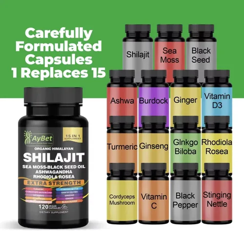 Vista 3 de Shilajit - Cápsulas orgánicas de Shilajit del Himalaya para hombres y mujeres, con musgo marino, aceite de semilla negra, Ashwagandha, Rhodiola