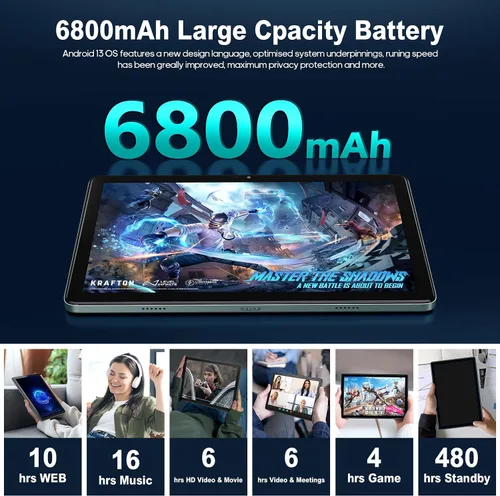 Vista 8 de AISLPC Tablet Android 14 de 10.1 Pulgadas, 8GB RAM 128GB ROM 512GB Expand WiFi Tablets PC, Pantalla HD de 1280 * 800, Cámara Dual 5+13MP, Bluetooth