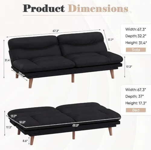 Vista 2 de Homall Sofá cama tipo futón convertible de 67 pulgadas, sofá biplaza de Negro
