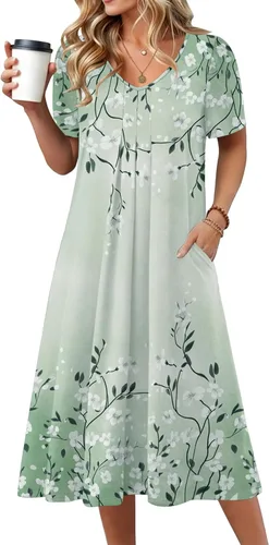 Vista 19 de Zeagoo Vestido de verano para mujer, casual, floral, midi, con bolsillos, cuello en V, plisado, manga corta, estilo alineado, para vacaciones