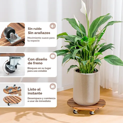 Vista 4 de Bamworld Soporte para Plantas al Aire Libre con Bandeja Rodante Organizador para Plantas con Ruedas 12 Pulgadas Carro de Plantas con Ruedas Carro