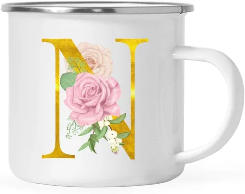Vista 18 de Andaz Press Taza de café de acero inoxidable para niños de 11 onzas, regalo de taza de café de fogata, rosa rubor, monograma de oro sintético, letra