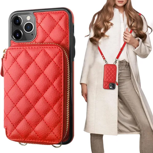 Vista 10 de Bocasal Funda tipo cartera cruzada para iPhone 11 Pro Max, con bloqueo RFID, de piel sintética, con cremallera, funda tipo cartera con función atril