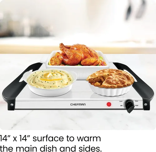 Vista 3 de Chefman Servidor de buffet eléctrico + bandeja de calentamiento con temperatura ajustable y 3 platos calentadores, placa caliente perfecta