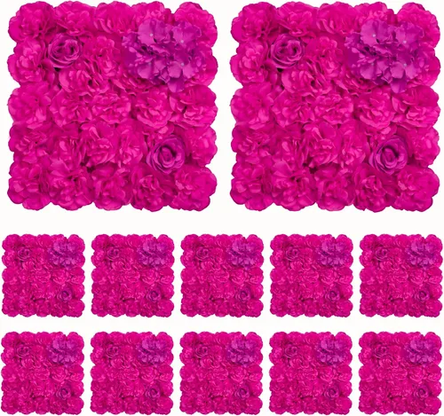 Vista 10 de Telón de fondo de pared de flores, 12 piezas de 16.5 x 16.5 pulgadas, panel de pared floral de rosa de seda artificial, decoración de pared ideal
