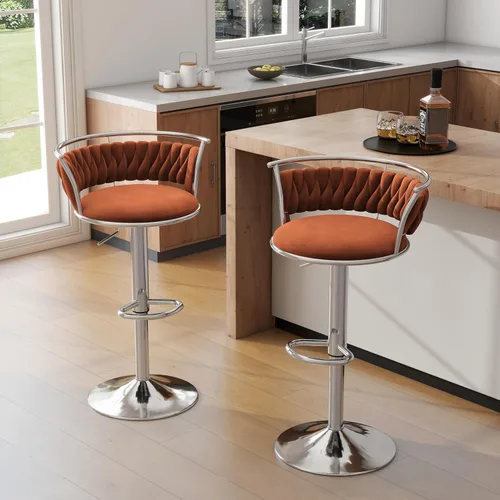 Vista 19 de Juego de 2 taburetes de bar giratorios de 360°, silla de bar de terciopelo ajustable a altura de mostrador moderna, taburete de metal plateado