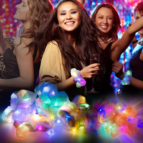 Vista 6 de Scrunchies LED, 18 piezas multicolor que brillan en la oscuridad suministros de fiesta, recuerdo de fiesta de neón, accesorios de festival rave