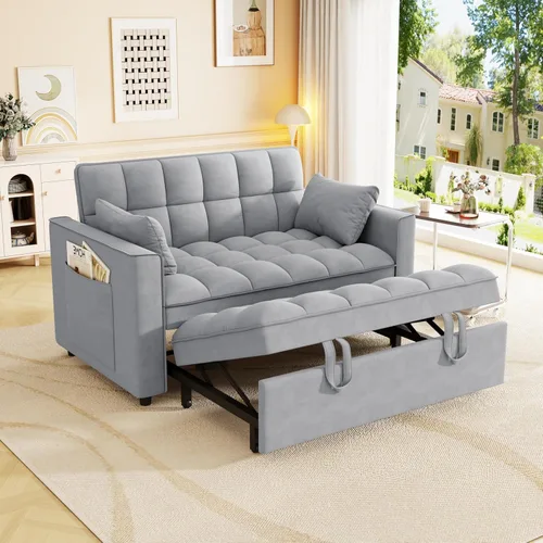 Vista 4 de Aoowow Sofá cama convertible 3 en 1, sofá cama extraíble con respaldo ajustable, sofá biplaza pequeño de terciopelo con bolsillos de almacenamiento
