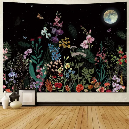 Vista 6 de Generleo Tapiz de plantas florales, tapices vintage, bohemio, flores, mariposas, cielo estrellado, paisaje, naturaleza, paisaje, tapiz para colgar