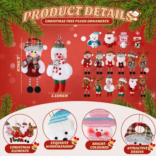 Vista 2 de Skylety 16 adornos de felpa para árbol de Navidad, Papá Noel, muñeco de nieve, oso, decoración de árbol de Navidad, colgantes de alce, muñeco