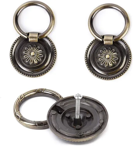 Vista 6 de Tiradores de cajones antiguos de bronce de 1.77 pulgadas para gabinete, 6 paquetes Anillos de tracción, manijas redondas para cajones, perilla