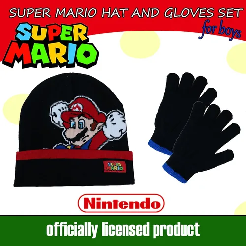 Vista 4 de Nintendo Super Mario - Conjunto de gorro y guantes de invierno para niños para clima frío, edad 4-7, Multicolorido