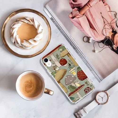 Vista 6 de Funda para teléfono con diseño de hongos y rana para iPhone XR, bonita funda protectora de TPU a prueba de golpes con diseño de rana y hongos