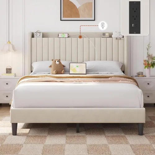 Vista 3 de Yaheetech Base de cama tamaño Queen con estación de carga USB y estante de almacenamiento/plataforma de cabecera tapizada con lado de ala/soporte
