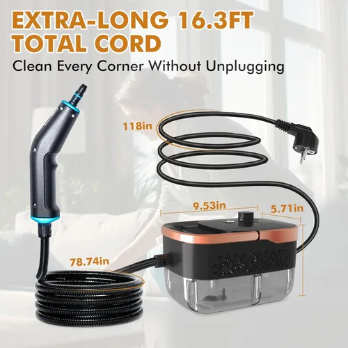 Vista 7 de Limpiador de vapor de mano para el hogar, tanque de 42.27 oz con calentamiento en 15 s, vaporizador portátil de 2500 W para limpieza, con 15 piezas