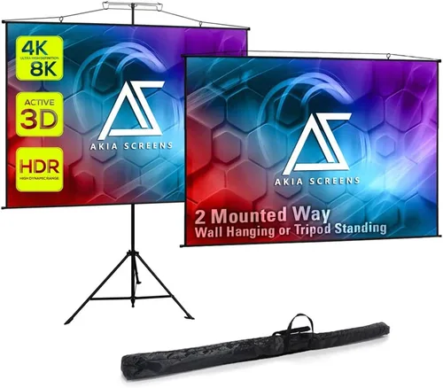 Vista 10 de Akia Screens Pantalla de proyector portátil 2 en 1 de 96 pulgadas con soporte y bolsa de transporte, trípode o montaje en pared, compatible