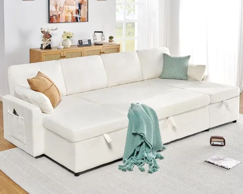 Vista 11 de AMERLIFE Sofa Bed, Sleeper Sofa with Storage Chaise, Convertible Sofa Bed with Pull Out Couch, l Shaped Couch for Living Room, Guest Room, Boucle