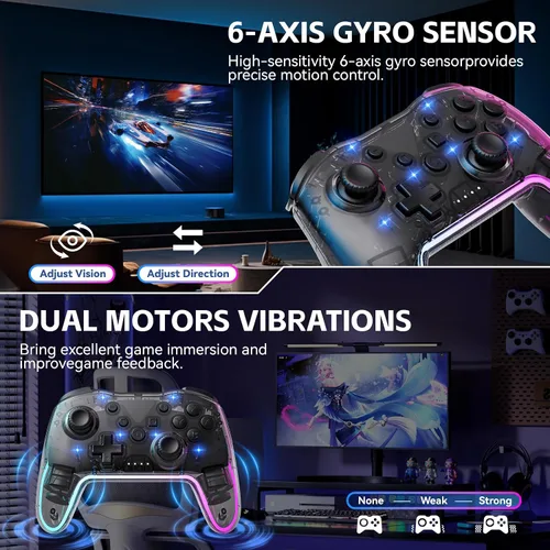 Vista 4 de Controlador inalámbrico para Switch/Lite/OLED/PC/Android/iOS - Gamepad ergonómico con iluminación RGB de 7 colores, ajuste de turbo/vibración