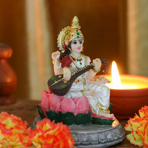 Vista 4 de alikiki Estatua de Sarawati de ídolo indio pequeña de la India, 3.9 pulgadas de alto, figura de diosa hindú Saraswati para decoración de tablero