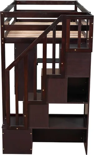 Vista 8 de Quarte Cama tipo loft única con cajones de almacenamiento y escaleras, cama alta de madera tamaño individual con estantes y barandillas, para niños