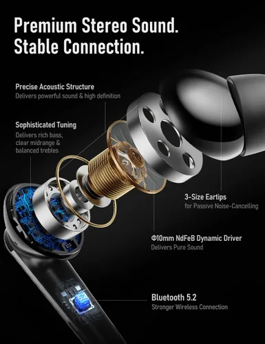 Vista 3 de Audiovance Euphony 301 - Auriculares inalámbricos Bluetooth para iPhone y Android, auriculares inalámbricos de sonido premium (EU301)