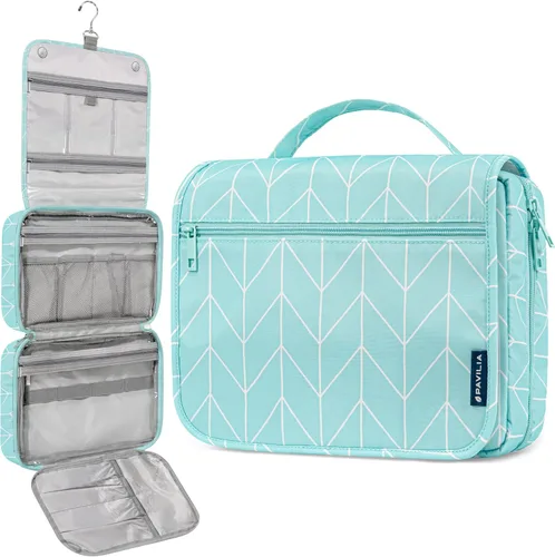 Vista 11 de PAVILIA Neceser colgante para mujeres y hombres, organizador de cosméticos plegable, bolsa de viaje, bolsa de maquillaje resistente al agua