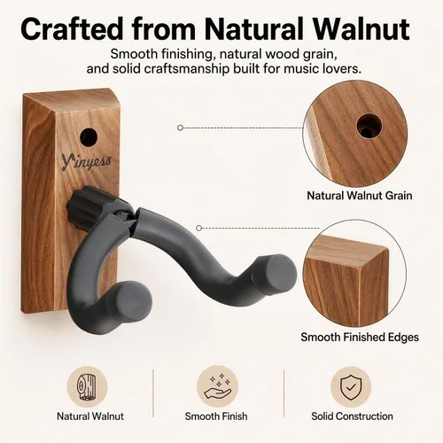 Vista 2 de Soporte de pared para guitarra, paquete de 3 con soporte para púas y 6 púas de celuloide, colgador de guitarra de madera de nogal en forma de U