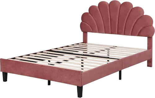 Vista 6 de DEINPPA Base de cama tapizada tamaño matrimonial con cabecera ajustable de flores elegantes, cama de plataforma de terciopelo con soporte