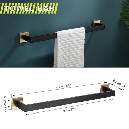 Vista 5 de Juego de 4 soportes para toallas de baño, juego de accesorios de baño de acero inoxidable negro y dorado, montaje en pared, 23.6 pulgadas