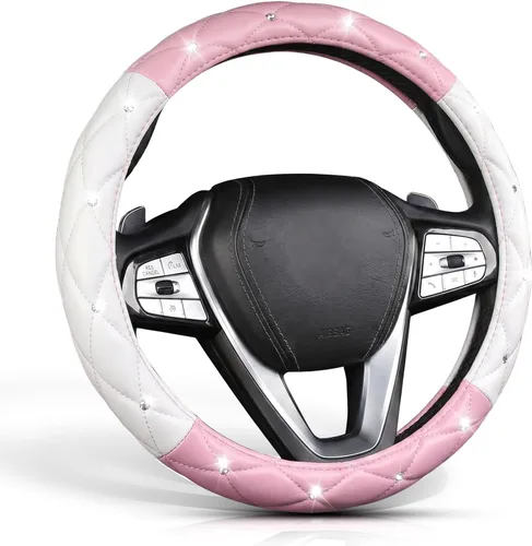 Vista 9 de SuperKaKa Funda para volante negra y roja, accesorios de interior de automóvil de estilo diamante con brillo lindo y cómodo, protector brillante que