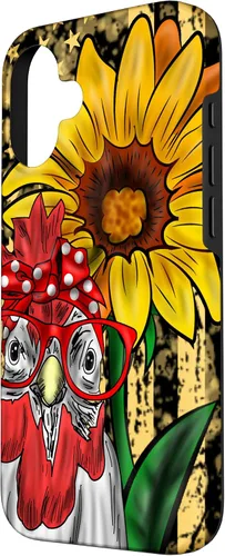 Vista 2 de iPhone 16 doméstico pollo vidrio bandera americana girasol retro divertido caso