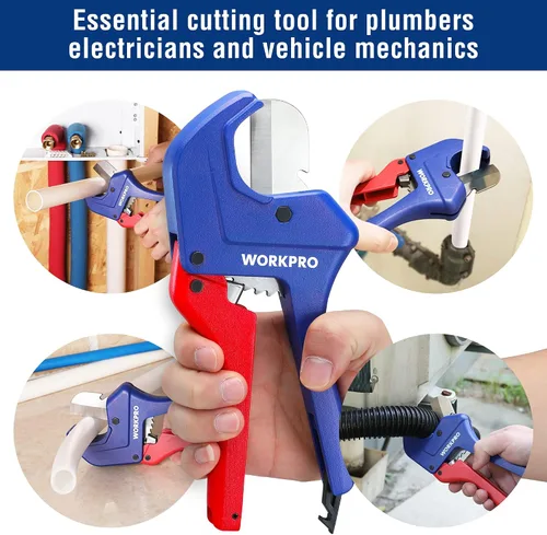 Vista 9 de WORKPRO Cortador de tubos de PVC con trinquete, hasta 1-5/8 pulgadas, cortador de tubos y tubos de plástico para mangueras de PEX, PVC, PPR