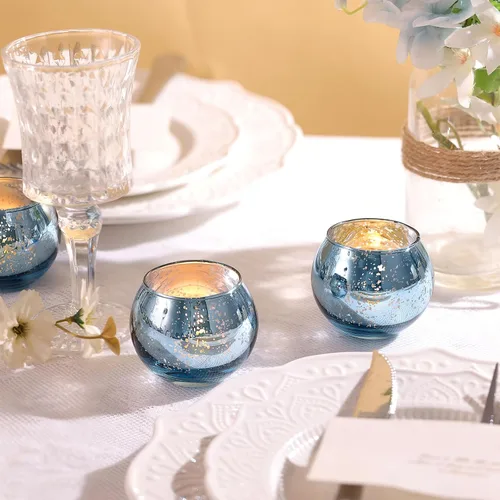 Vista 7 de 12 PCS Portavelas Votivos de Vidrio de Mercurio Azul para Velas de Té - Centros de Mesa Azules para Decoraciones de Despedida de Soltera, Decoración