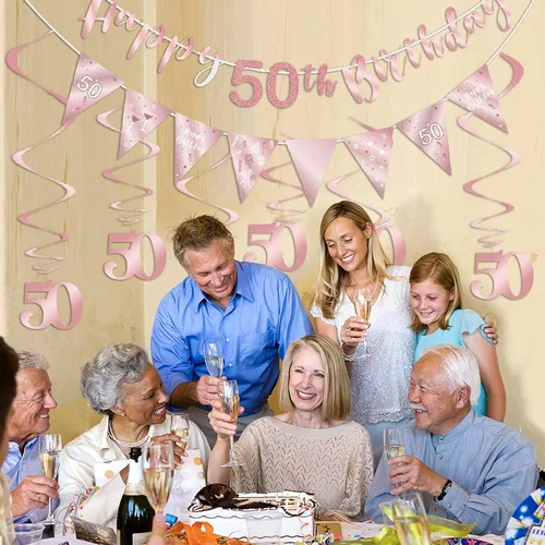 Vista 4 de Decoración de cumpleaños número 50 en oro rosa para niñas, pancarta de feliz cumpleaños 50, remolinos de banderines, pancarta de bandera triangular