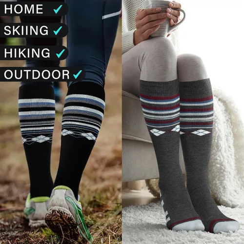 Vista 6 de Calcetines de esquí de lana merina, térmicos, hasta la rodilla, para invierno, snowboard, deportes para hombres y mujeres