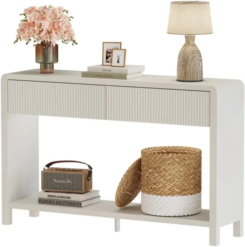 Vista 17 de FATORRI Mesa de entrada consola con almacenamiento, mesa de sofá estrecha de madera con cajones y estante abierto, mesas de pasillo modernas