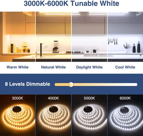 Vista 2 de Tira de luces LED blancas de 82 pies, 24 V, regulable, 3000 K-6000 K, cinta LED con control remoto, cinta LED flexible 2835 para cocina, debajo
