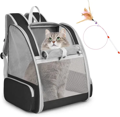 Vista 10 de Mochila transportadora para gatos, mochila grande para mascotas con varita de gatito, juguete de plumas para perros medianos y pequeños, gatos