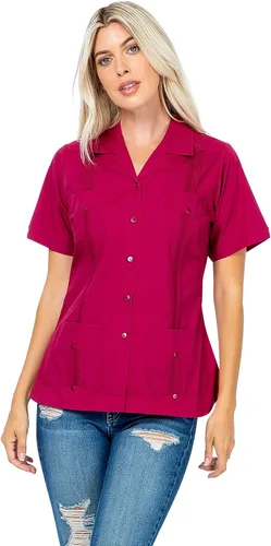 Vista 8 de Mojito Collection Guayabera de manga corta clásica de mezcla de algodón para mujer con 4 bolsillos Aguamarina (Aquamarine)