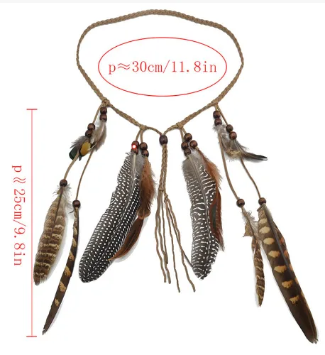 Vista 2 de Diadema de plumas indias, tocado ajustable marrón, borlas tribales de plumas, cuerda de cáñamo para carnaval, disfraz hippie, fiesta, festival