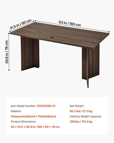 Vista 2 de VEVOR Escritorio ejecutivo de 63 pulgadas, mesa de oficina rectangular grande y moderna, mesa ejecutiva de madera resistente con orificio de Nogal