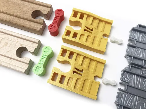 Vista 3 de TrainLab Adaptadores compatibles con Thomas Take-n-Play a adaptadores de vía de tren ferroviario de madera con huesos de perro (dorado)