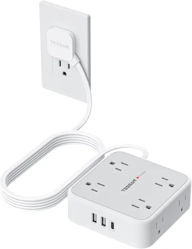 Vista 13 de TESSAN - Tira de alimentación con protector de sobretensiones, cable de extensión plano de 5 pies con 8 salidas de CA, 3 puertos USB (1 USB C), Gris