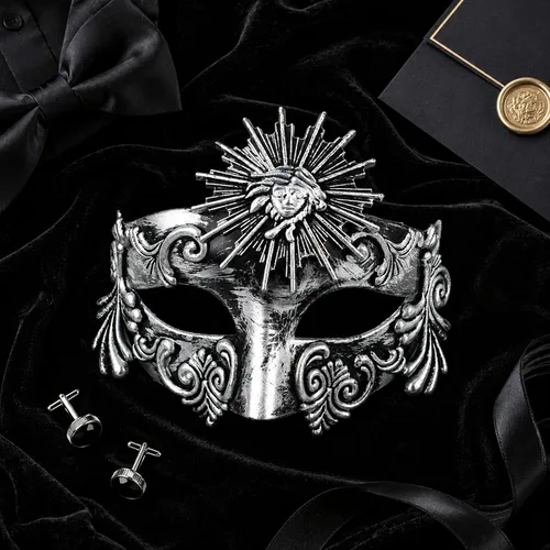 Vista 7 de LOGOFUN Retro Roman Sun God Mask Venetian Masquerade Face Prop - Silver
