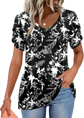 Vista 37 de CATHY 2025 - Blusas de verano para mujer, con mangas cortas, cuello en V, estilo túnica, tallas S-4XL Talla B