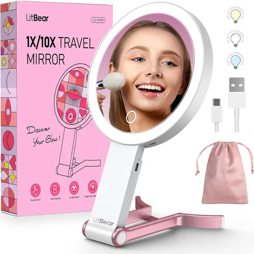 Vista 11 de LitBear Espejo de maquillaje de viaje con luz, espejo de aumento recargable de doble cara 10X/1X, espejo de belleza iluminado portátil, iluminación