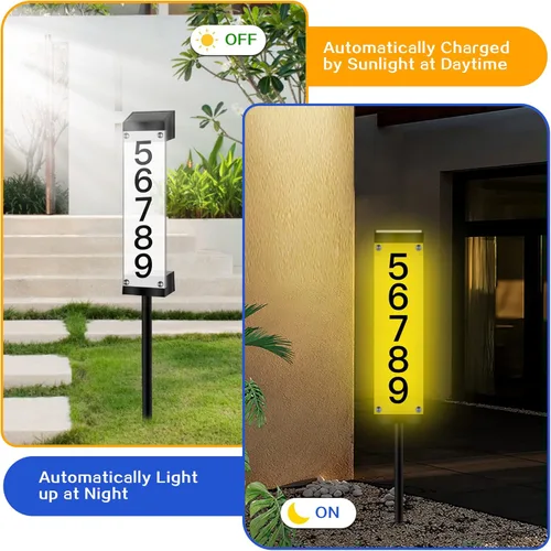 Vista 2 de Números solares de casa para exteriores, letrero de dirección solar iluminado placa números de dirección para casas, impermeable, LED, alimentado