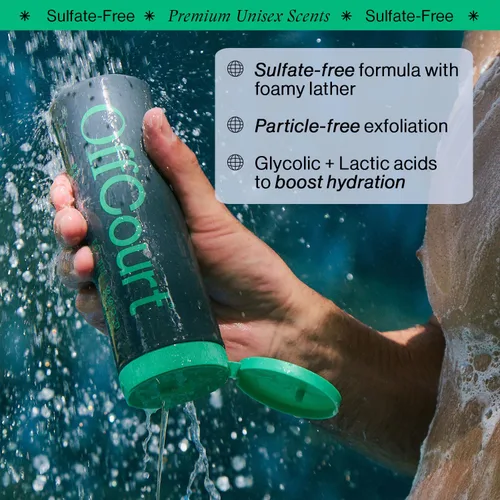 Vista 2 de OffCourt Gel de baño sin sulfato para hombres y mujeres, exfoliante que no seca con ácidos glicólicos y lácticos, deja la piel fresca y suave