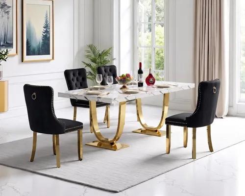 Vista 25 de Henf Mesa de comedor rectangular de mármol sintético blanco de 70 pulgadas Blanco & Oro
